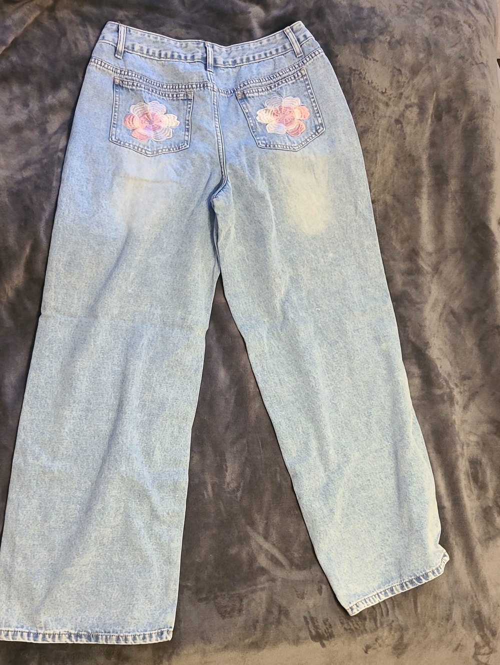 SHEIN Light Blue Flare Jeans with Pink Embroidered Pockets